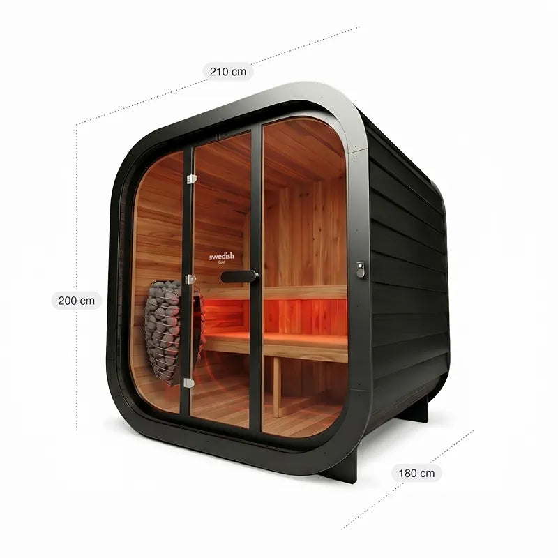 Swedish Cold Grand Escape Gartensauna 4 Personen 90°C mit Maßangaben, schwarzes Außengehäuse und Holzinnenraum