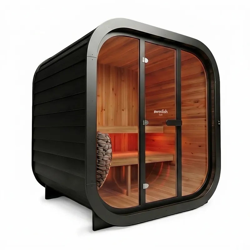 Swedish Cold Grand Escape Gartensauna 4 Personen 90°C mit schwarzem Außengehäuse und Holzinnenraum