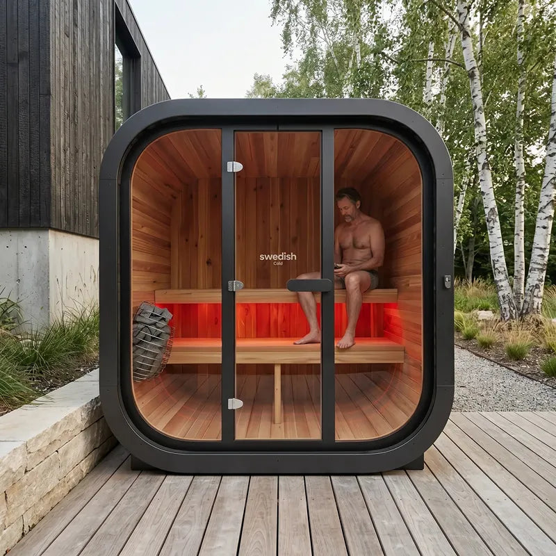 Swedish Cold Grand Escape Gartensauna 4 Personen 90°C mit schwarzem Rahmen, Holzinnenraum und roten Leuchten im modernen Garten