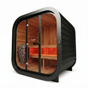 Swedish Cold Grand Escape Gartensauna 4 Personen 90°C mit schwarzem Gehäuse, Holzinnenraum und Saunaofen