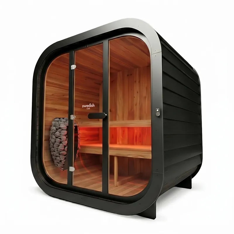 Swedish Cold Grand Escape Gartensauna 4 Personen 90°C mit schwarzem Gehäuse, Holzinnenraum und Saunaofen