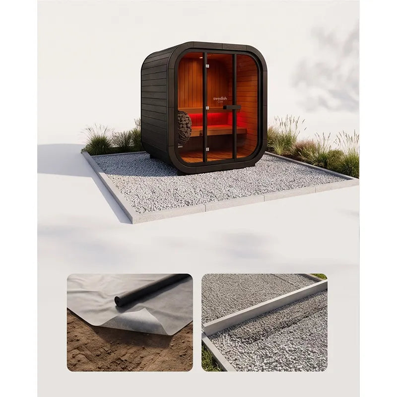 Swedish Cold Grand Escape Gartensauna 4 Personen 90°C mit schwarzem Außenholz und rotem Innenraum im Garten auf Kiesbett