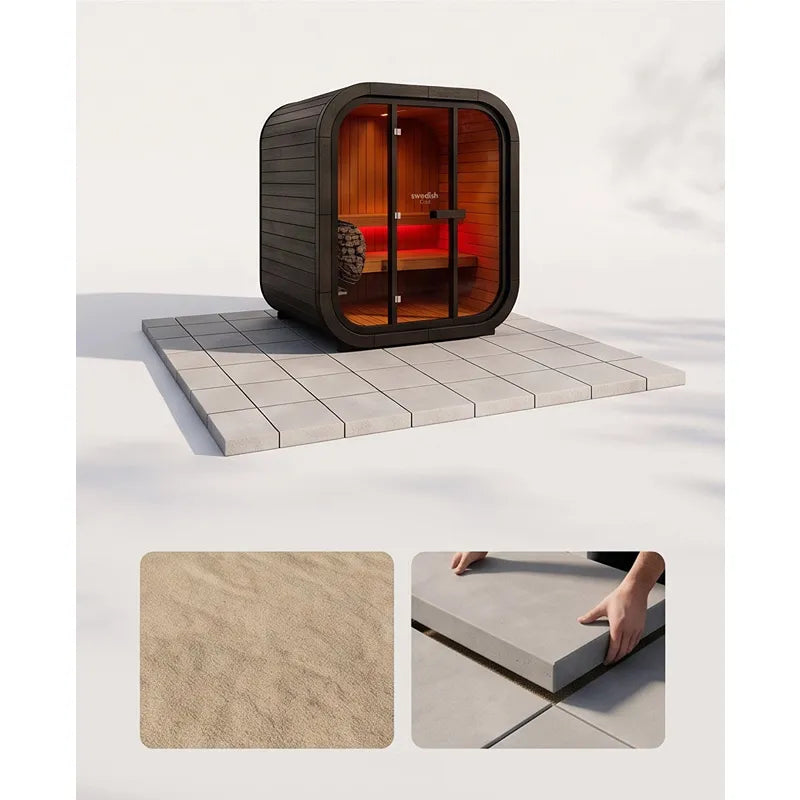 Swedish Cold Grand Escape Gartensauna 4 Personen 90°C mit schwarzem Außengehäuse, orangerotem Innenraum und Holzbänken auf Betonplattform