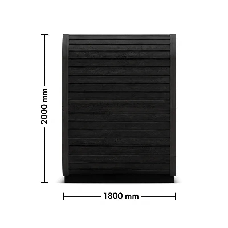Swedish Cold Grand Escape Gartensauna 4 Personen 90°C Frontansicht mit Abmessungen 1800 x 2000 mm
