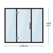 Swedish Cold Grand Escape Gartensauna 4 Personen 90°C Türansicht mit Abmessungen 2100 x 1950 mm