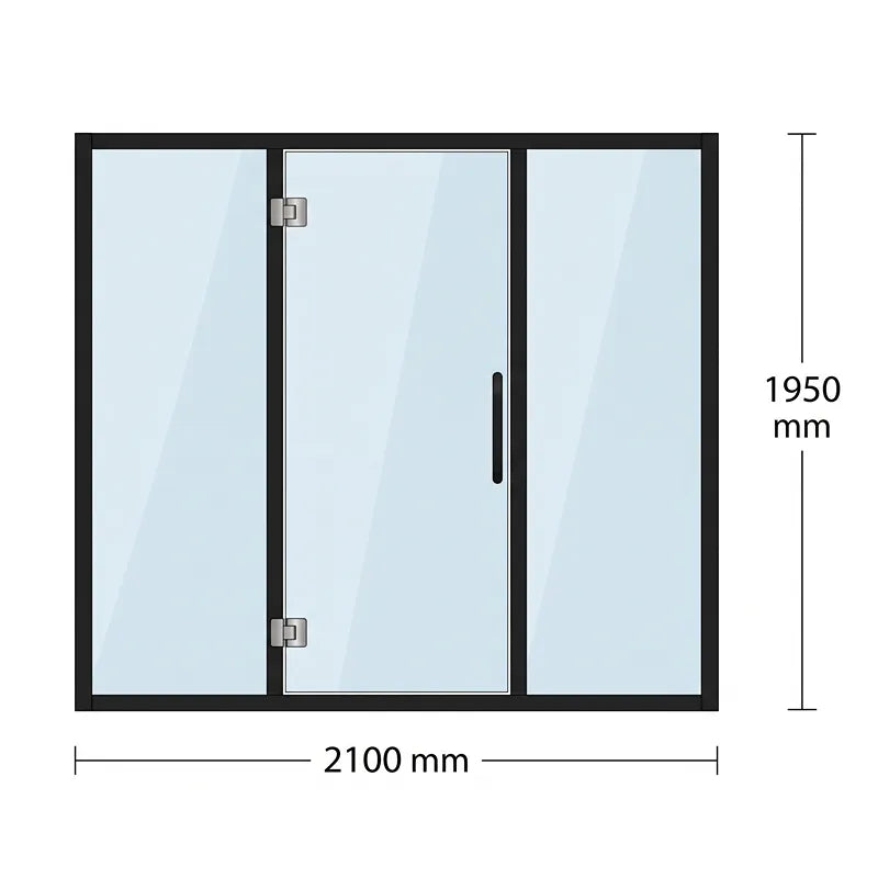 Swedish Cold Grand Escape Gartensauna 4 Personen 90°C Türansicht mit Abmessungen 2100 x 1950 mm