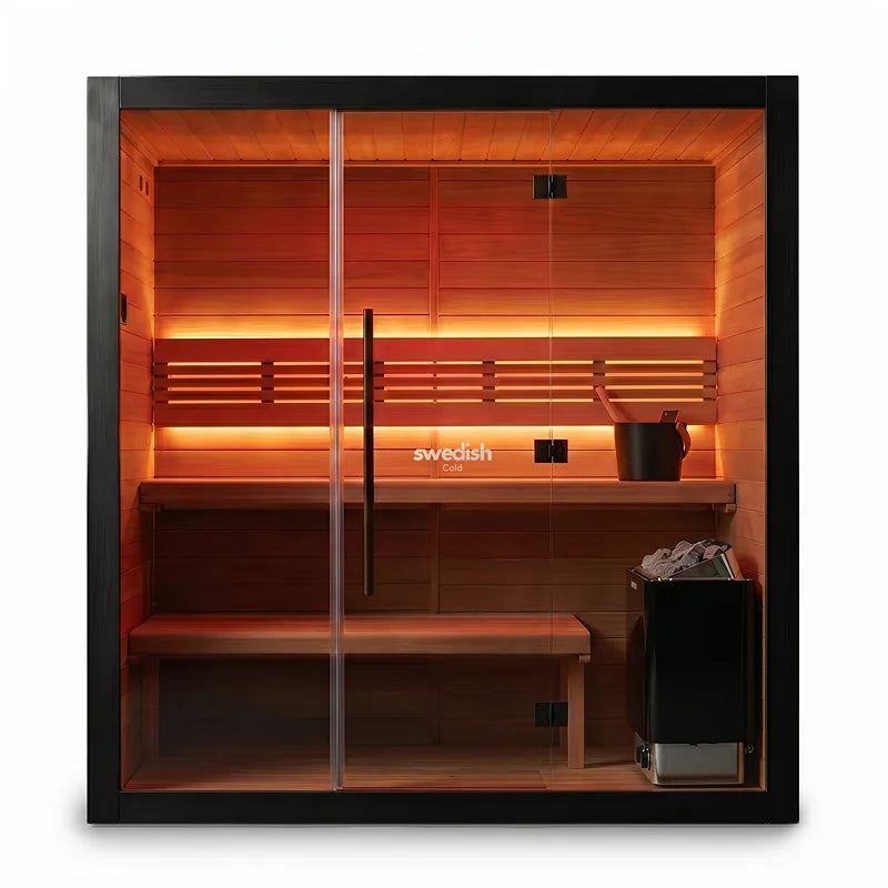 Swedish Cold Heritage Sauna Innenansicht mit Holzbänken und LED-Beleuchtung