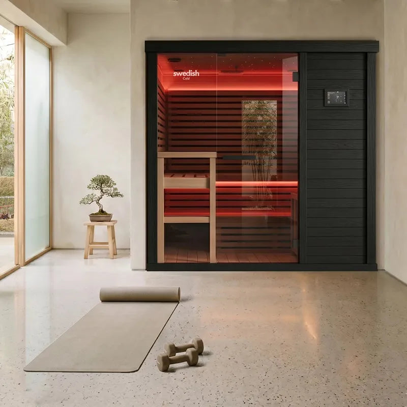 Swedish Cold Hybrid-Sauna Infrarot + Traditionell 4-6 Pers mit roter Infrarotbeleuchtung in modernem Wohnraum