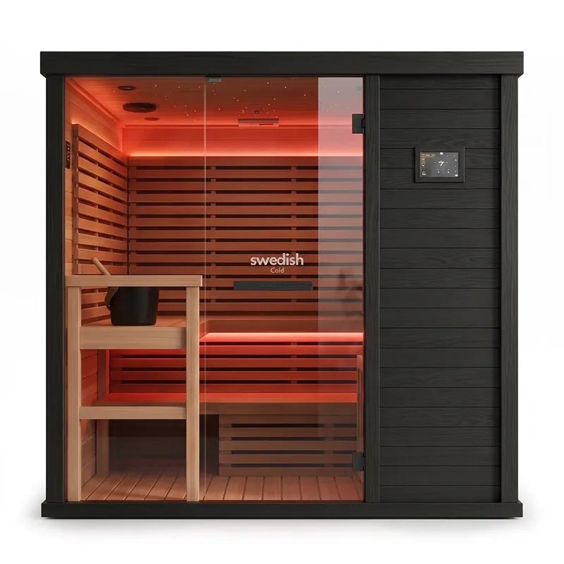 Swedish Cold Hybrid-Sauna Infrarot + Traditionell 4-6 Pers mit roter Infrarotbeleuchtung, Holzbänken und Glastür