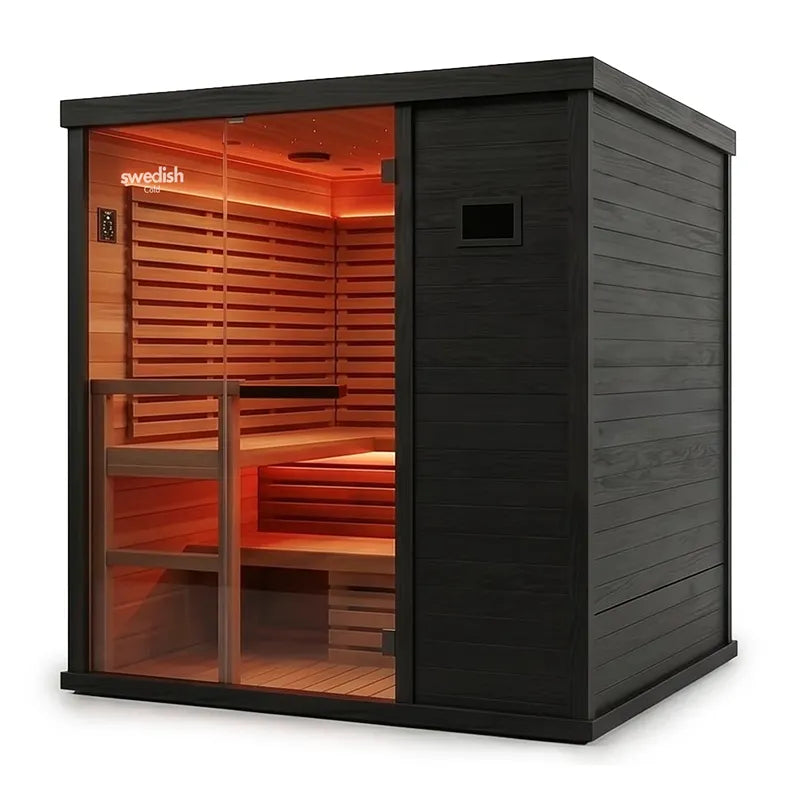 Swedish Cold Hybrid-Sauna Infrarot + Traditionell 4-6 Pers mit schwarzem Außengehäuse, Holzbänken und glühend roter Infrarotheizung