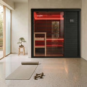 Swedish Cold Hybrid-Sauna Infrarot + Traditionell 4-6 Pers mit roter Infrarotbeleuchtung im modernen Wohnraum