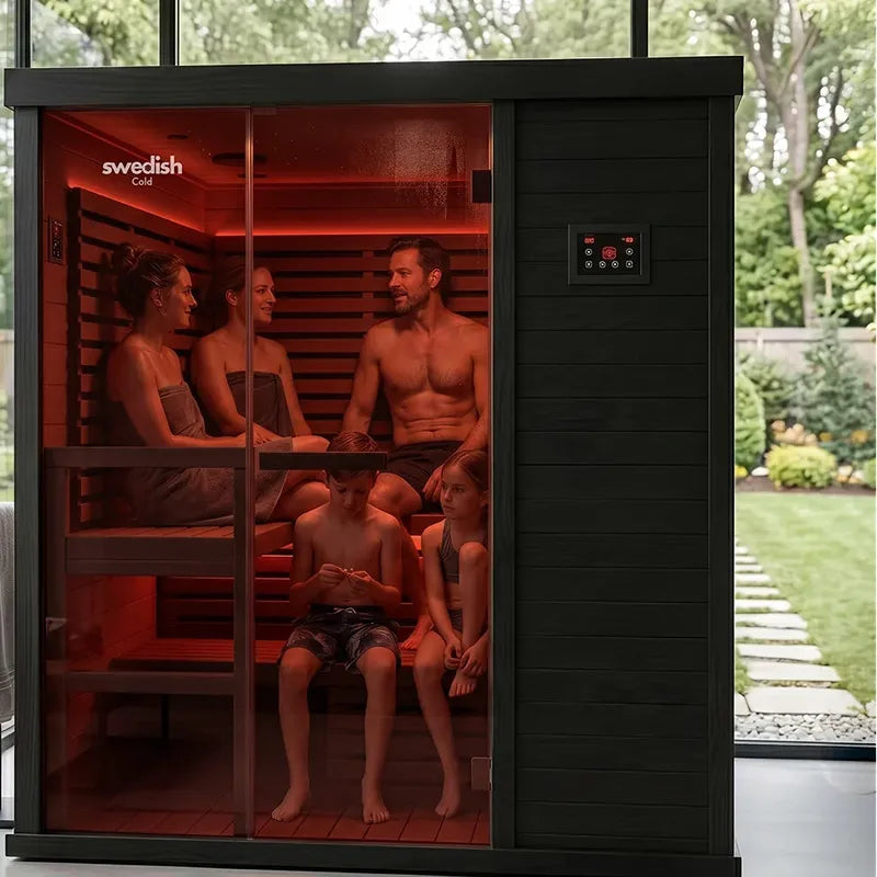 Swedish Cold Hybrid-Sauna Infrarot + Traditionell 4-6 Pers mit Infrarotwärmung, Familie genießt Saunabad im Innenraum