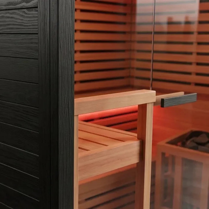 Swedish Cold Hybrid-Sauna Infrarot + Traditionell 4-6 Pers mit Holzbänken und rotem Infrarotlicht im Innenraum