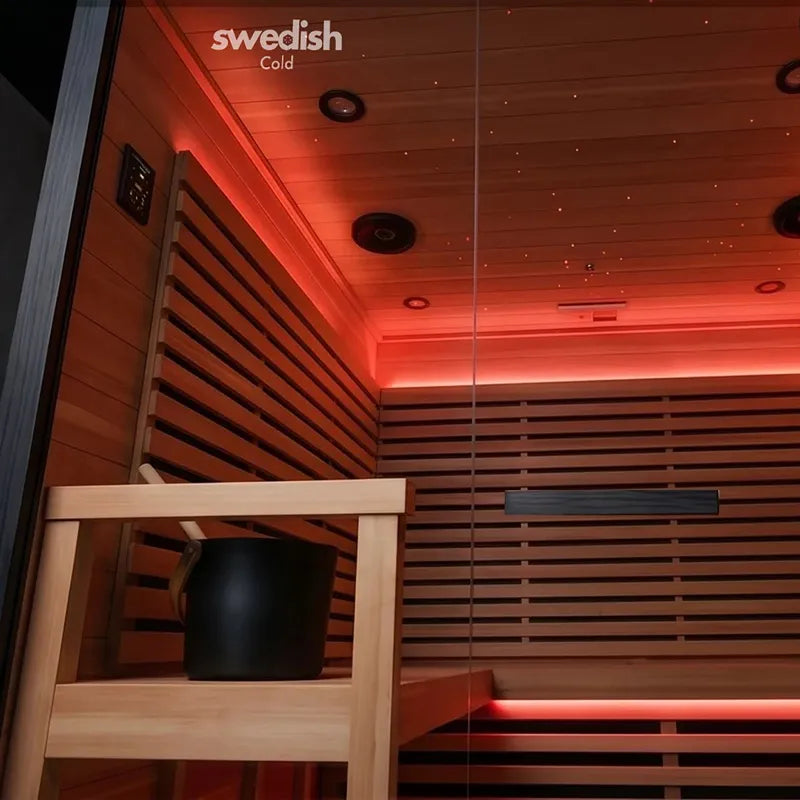 Swedish Cold Hybrid-Sauna Infrarot + Traditionell 4-6 Pers Innenraum mit roter Infrarotbeleuchtung und Holzbänken