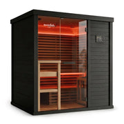 Swedish Cold Hybrid-Sauna Infrarot + Traditionell 4-6 Pers mit schwarzem Außenrahmen, Glastür und Holzbänken
