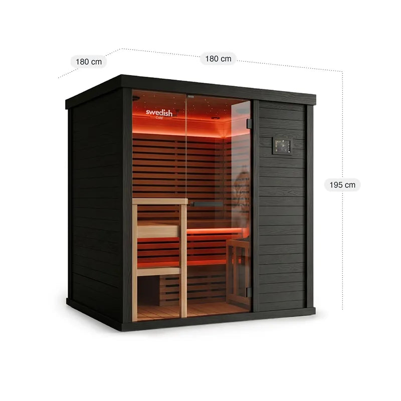 Swedish Cold Hybrid-Sauna Infrarot + Traditionell 4-6 Pers mit schwarzem Außenrahmen, Glastür und Holzbänken, Maße 180x180x195 cm