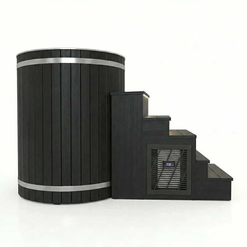Swedish Cold Nordic Tub Eisbad 198x78x118 für 1 Person - schwarze Eisbadewanne mit Treppeneinstieg und Kältemaschine