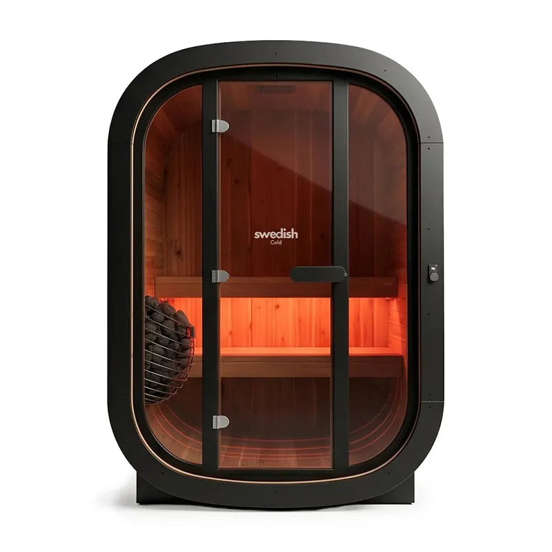 Swedish Cold Private Escape Gartensauna 2 Personen 90°C mit schwarzem Rahmen, Glastür und glühenden Infrarotbänken