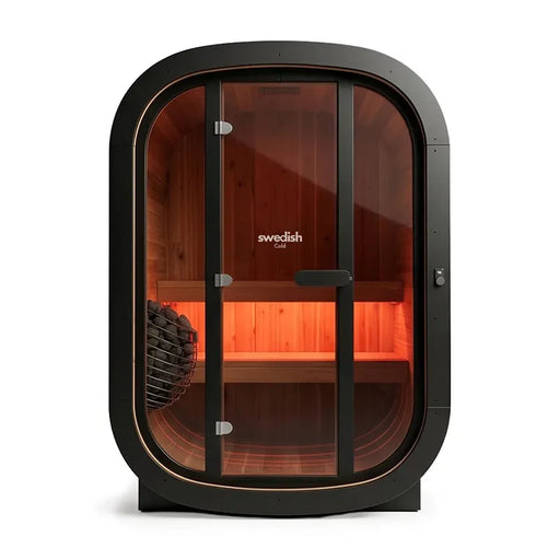 Swedish Cold Private Escape Gartensauna 2 Personen 90°C mit schwarzem Rahmen, Glastür und glühenden Infrarotbänken