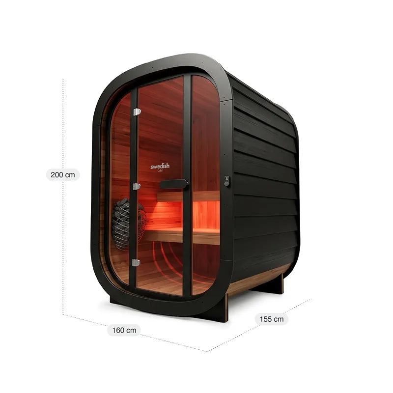 Swedish Cold Private Escape Gartensauna 2 Personen 90°C mit schwarzem Holzdesign, Glastür und rötlich glühenden Heizelementen innen
