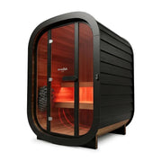 Swedish Cold Private Escape Gartensauna 2 Personen 90°C mit schwarzem Außengehäuse, Glastür und rotem Holzinnenraum