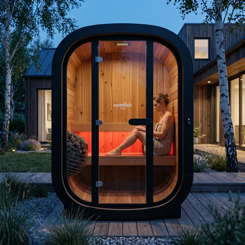 Swedish Cold Private Escape Gartensauna 2 Personen 90°C mit Frau im Inneren, moderne schwarze Saunakapsel im Garten