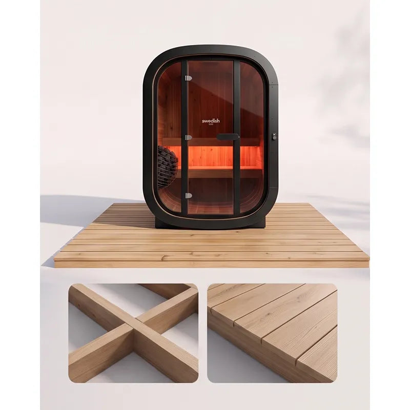 Swedish Cold Private Escape Gartensauna 2 Personen 90°C mit schwarzem Rahmen, Glastür und Holzbasis auf weißem Hintergrund