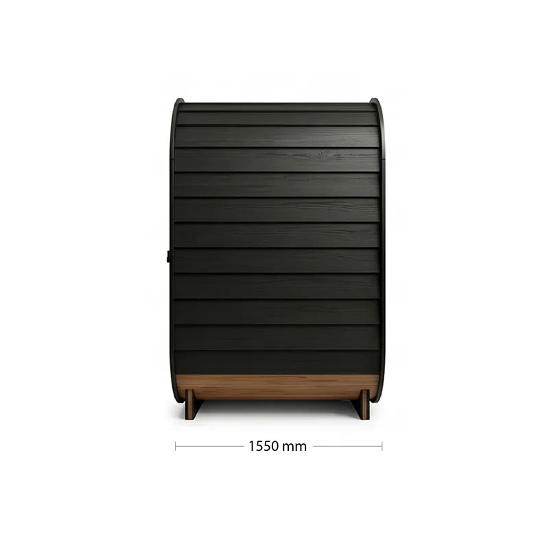 Swedish Cold Private Escape Gartensauna 2 Personen 90°C mit schwarzer Holzverkleidung und Holzfüßen, Frontansicht