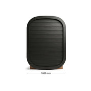 Swedish Cold Private Escape Gartensauna 2 Personen 90°C mit schwarzem Holzdesign und abgerundeter Form, Frontansicht mit Maßangabe
