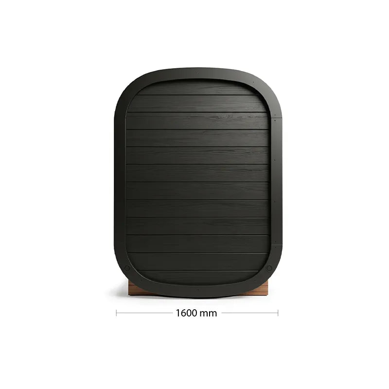 Swedish Cold Private Escape Gartensauna 2 Personen 90°C mit schwarzem Holzdesign und abgerundeter Form, Frontansicht mit Maßangabe