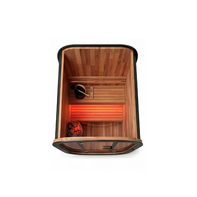 Swedish Cold Private Escape Gartensauna 2 Personen 90°C Innenansicht mit Holzbänken und Saunaofen