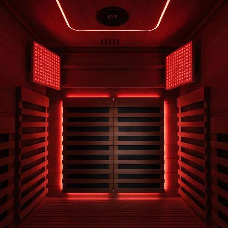 Swedish Cold Sanctuary Solo Infrarot-Innensauna 1 Person Innenraum mit roter Infrarotstrahlung und Holzbänken