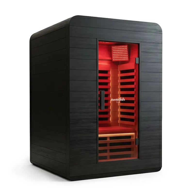 Swedish Cold Ultimate Lux Infrarot-Innensauna Rotlicht 1-2P mit schwarzem Holzgehäuse und leuchtenden roten Infrarot-Heizelementen
