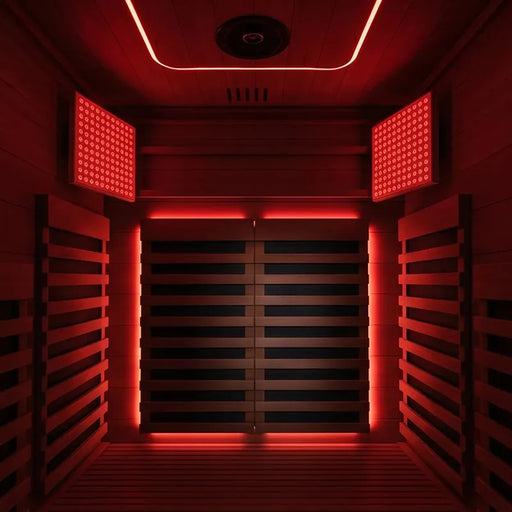 Swedish Cold Ultimate Lux Infrarot-Innensauna Rotlicht 1-2P Innenraum mit roten LED-Rotlichtpanelen und Holzbänken