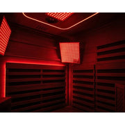 Swedish Cold Ultimate Lux Infrarot-Innensauna Rotlicht 1-2P Innenraum mit aktivierten Rotlicht-Panelen an Decke und Wänden
