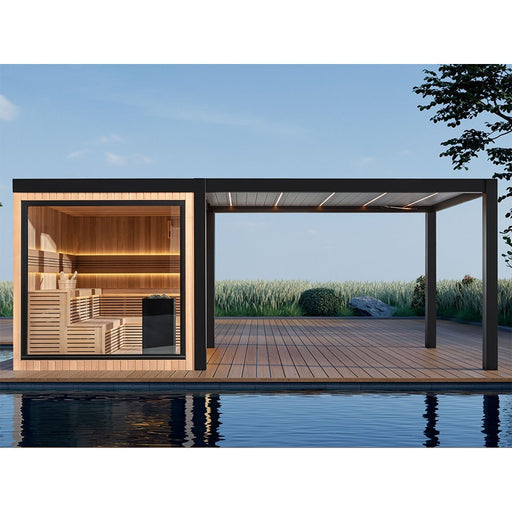 Außensauna THE CUBE X7-L pro von AWT mit integrierter Pergola und vollverglaster Front – modernes Outdoor-Wellnessdesign am Wasser.