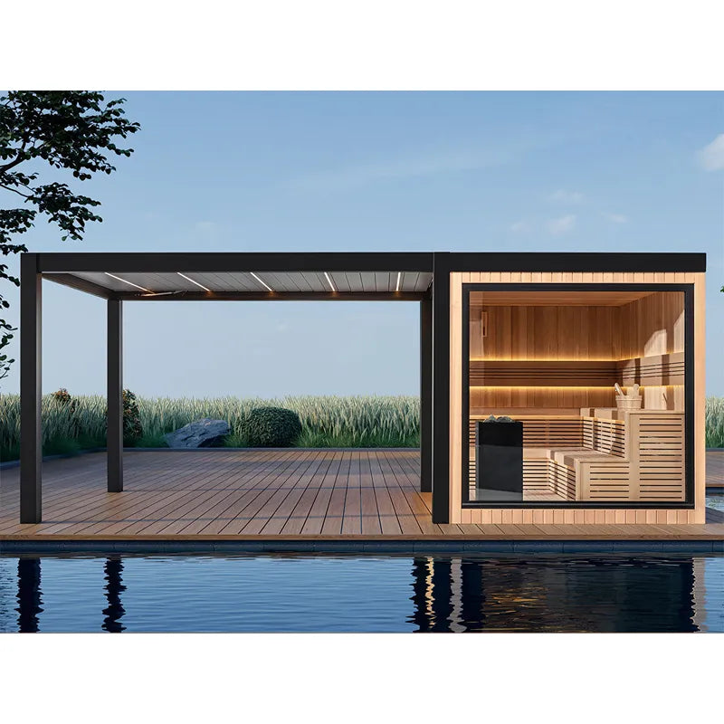 Außensauna THE CUBE X7-R pro von AWT mit moderner Pergola und vollverglanter Frontansicht am Pool – luxuriöses Outdoor-Wellnesskonzept.
