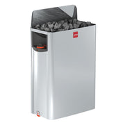 EAGO Sauna-Ofen E1602C mit gefülltem Steinspeicher und offener Klappe, silbernes Gehäuse mit seitlichem Bedienfeld und Griffelementen