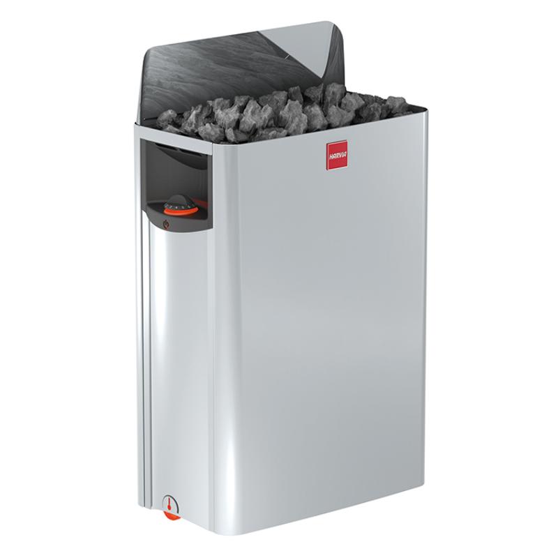EAGO Sauna-Ofen E1602C mit gefülltem Steinspeicher und offener Klappe, silbernes Gehäuse mit seitlichem Bedienfeld und Griffelementen