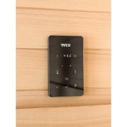 Tylö Infrarotkabine Tylösand Steuereinheit mit WLAN-Funktion und digitales Display an Holzwand