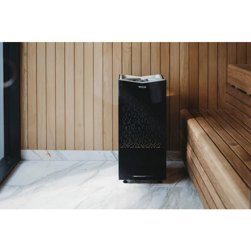 Tylö Twin Crown Commercial Doppel-Saunaofen mit schwarzem Gehäuse in modernem Saunaraum mit Holzbänken