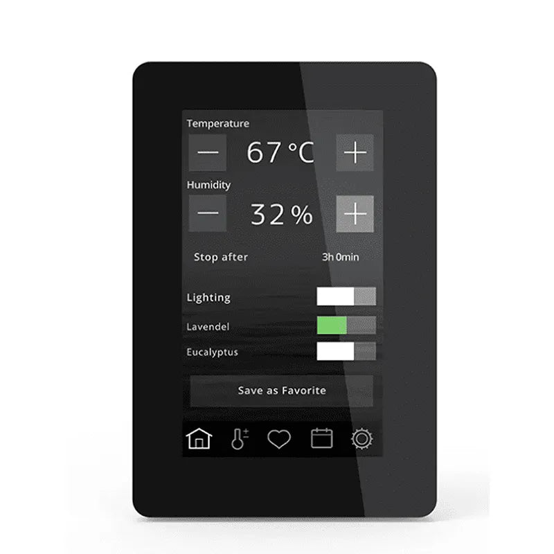Tylö Twin Crown Commercial Doppel-Saunaofen Steuerung mit Touchdisplay: Temperatur 67°C, Luftfeuchtigkeit 32%, Zeiteinstellung und Aromatherapie-Funktionen