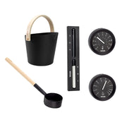 Tylö Brilliant Sauna-Set Eimer & Kelle Schwarz mit schwarzem Eimer, Holzkelle, Thermometer und Sanduhr