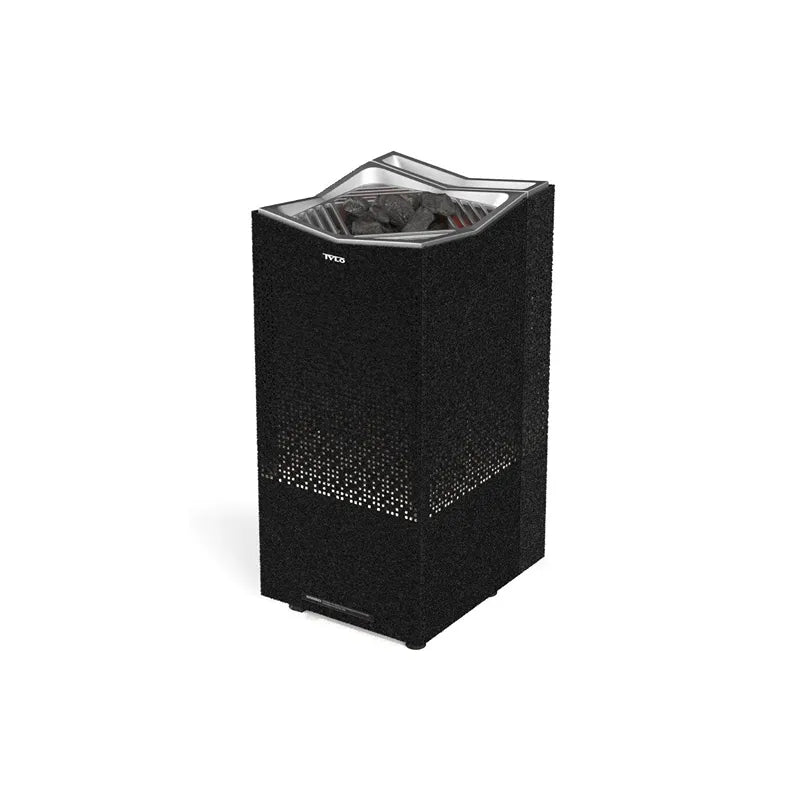 Tylö Crown Combi Saunaofen mit schwarzer Verkleidung, offenem Deckel und Saunasteinen, 6–10 kW