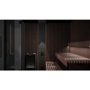 Modernes Sauna-Interieur Tylö Reflection mit vertikalem Rippenprofil aus Thermoerle, Saunabänke und Saunaofen im eleganten dunklen Design