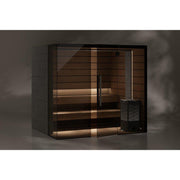 Tylö Reflection WIDE Sauna mit schwarzem Rahmen, Glastüren und holzverkleideten Innenwänden, komplettiert mit externem Saunaofen
