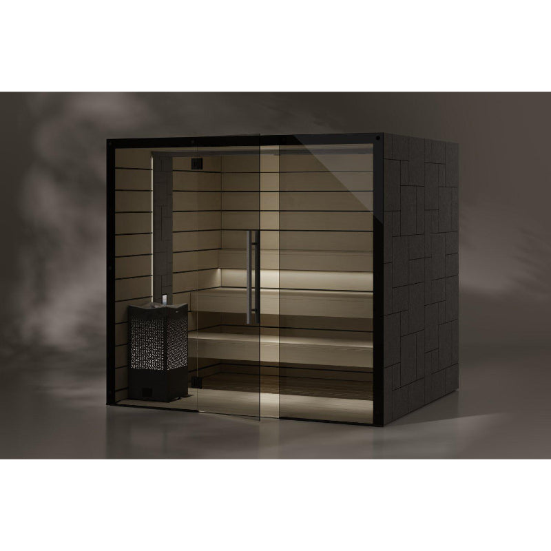 Tylö Reflection WIDE Infrarotkabine mit schwarzem Rahmen, Glastür und Holzbänken aus Espe, moderner Design mit Saunaofen