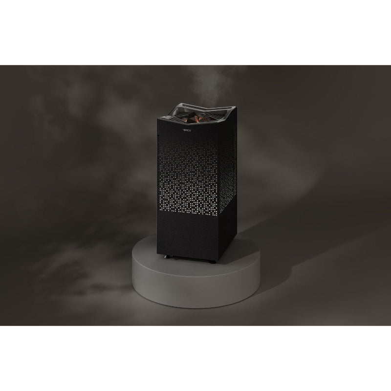 Tylö Crown Combi Saunaofen in Schwarz mit perforiertem Designmantel auf grauem Podest, modernes Saunaofendesign mit integrierter Steuerung