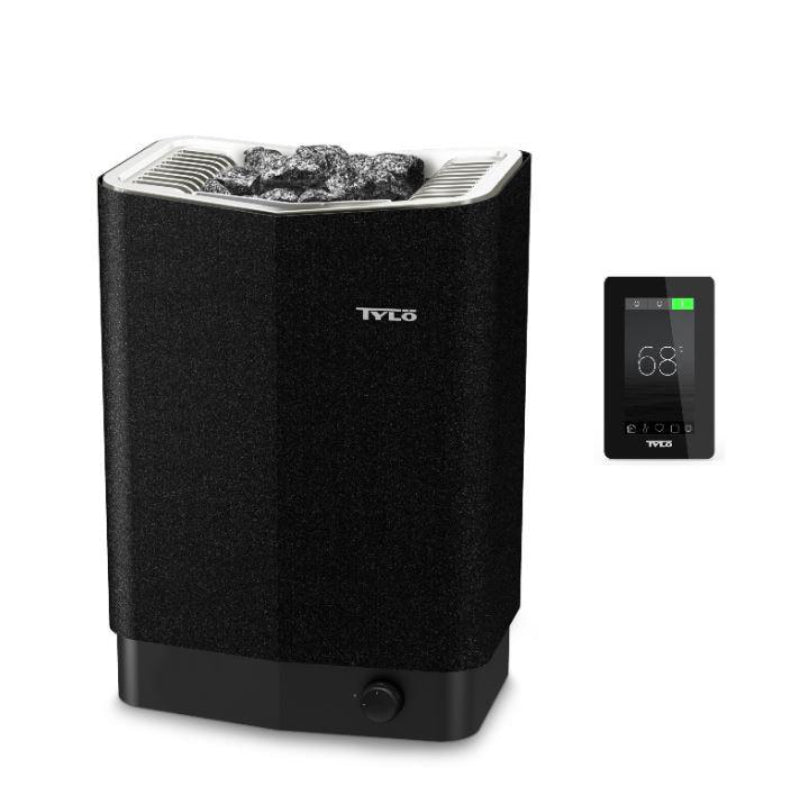 Tylö Sense Saunaofen in Schwarz mit Steinen und Elite Steuerung zeigt Display mit 68°C Temperaturanzeige