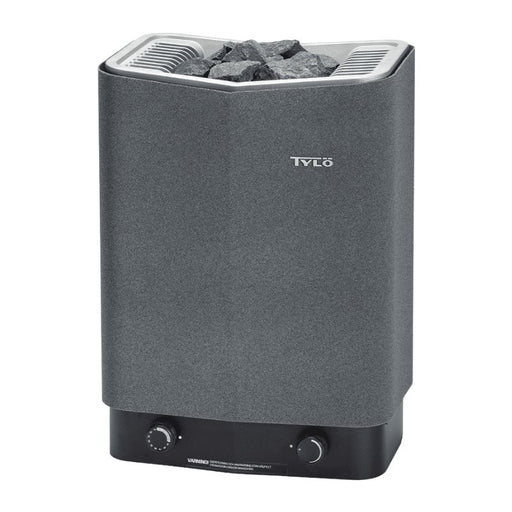 Tylö Sense Sport Saunaofen in Grau mit integrierter Steuerung, gefülltem Steinkorb und schwarzem Bedienfeld mit Reglern